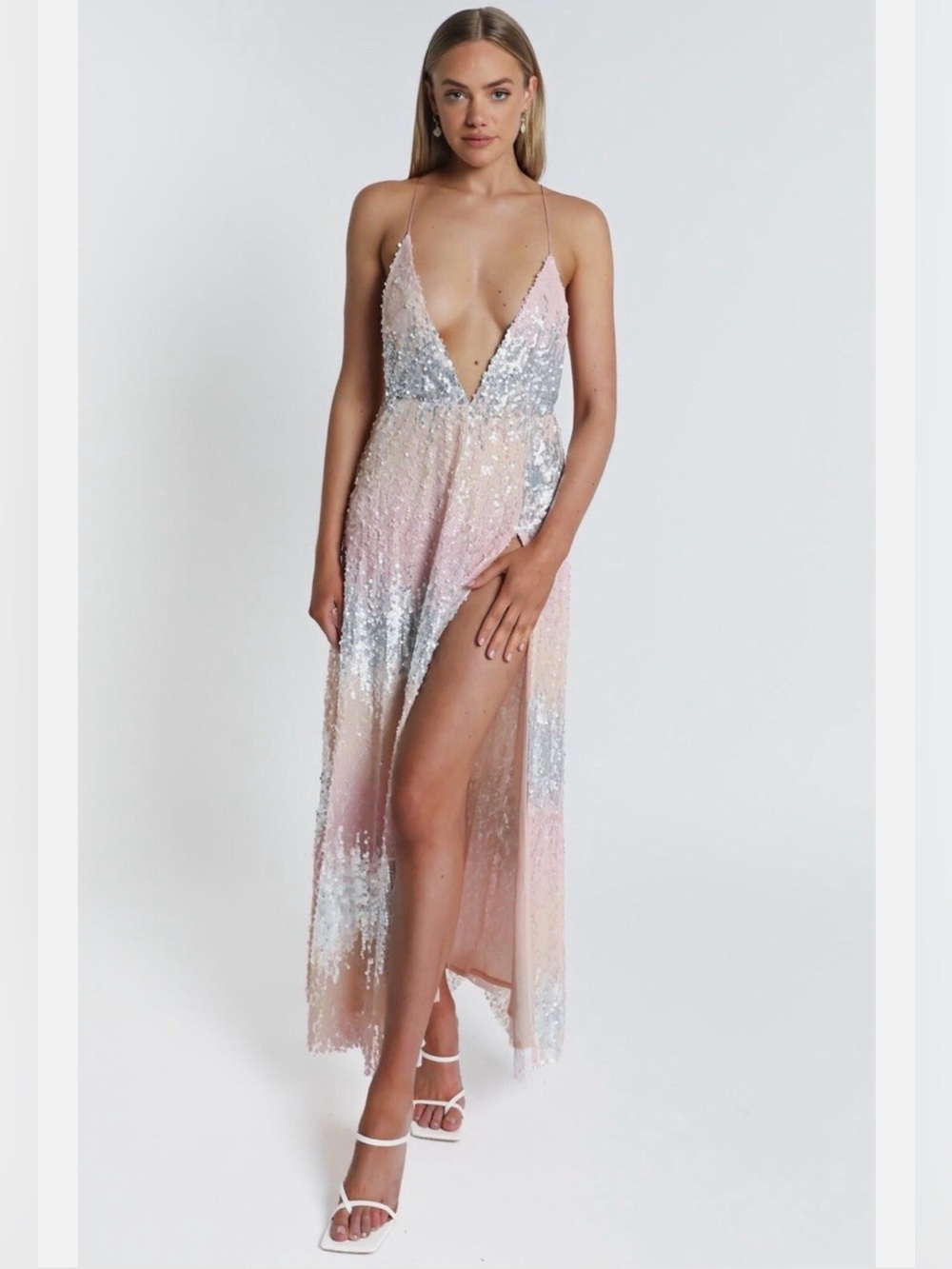 Showpo Pink Peach Silver Ombre Sequin Formal Maxi Dress w Deep Plunge Neckline